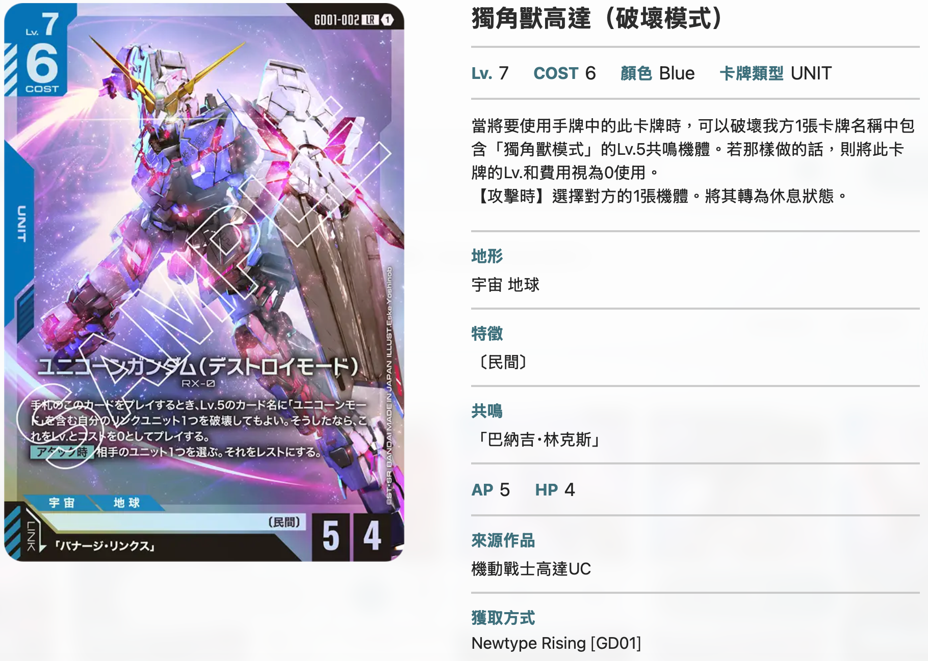 Bandai Carddass (單卡) GD01 LR卡 GCG TCG 高達卡牌遊戲 第一彈 Newtype Rising《機動戰士高達》