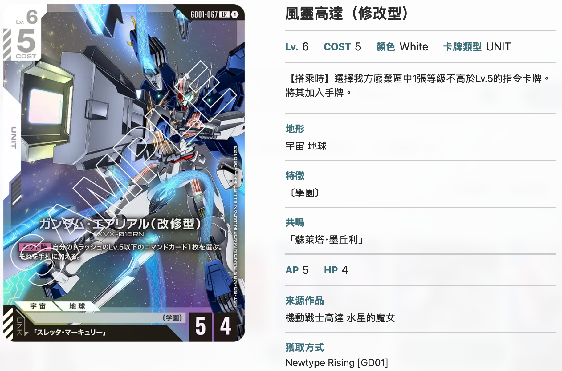 Bandai Carddass (單卡) GD01 LR卡 GCG TCG 高達卡牌遊戲 第一彈 Newtype Rising《機動戰士高達》