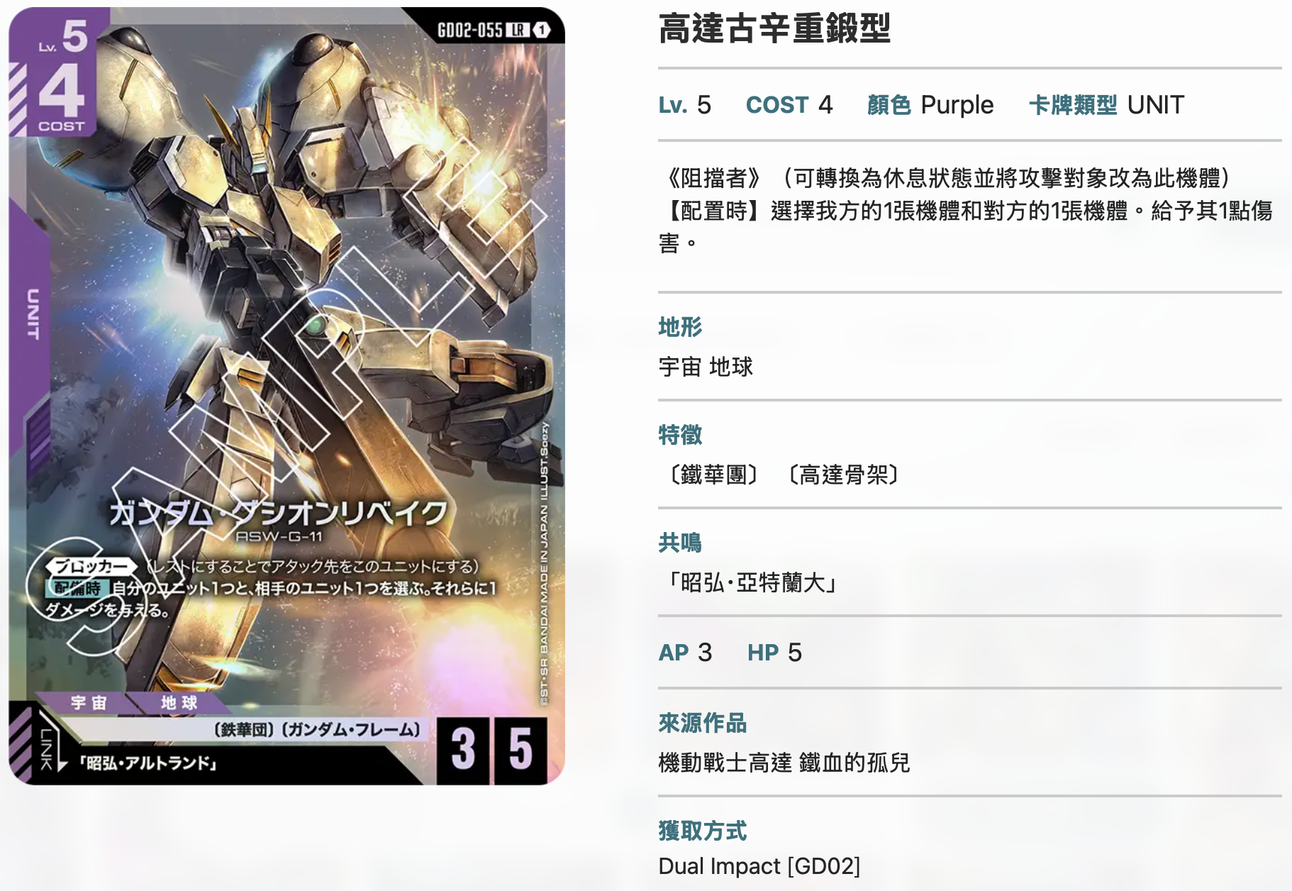Bandai Carddass (單卡) GD02 LR卡 GCG TCG 高達卡牌遊戲 第二彈 Dual Impact [GD02]《機動戰士高達》
