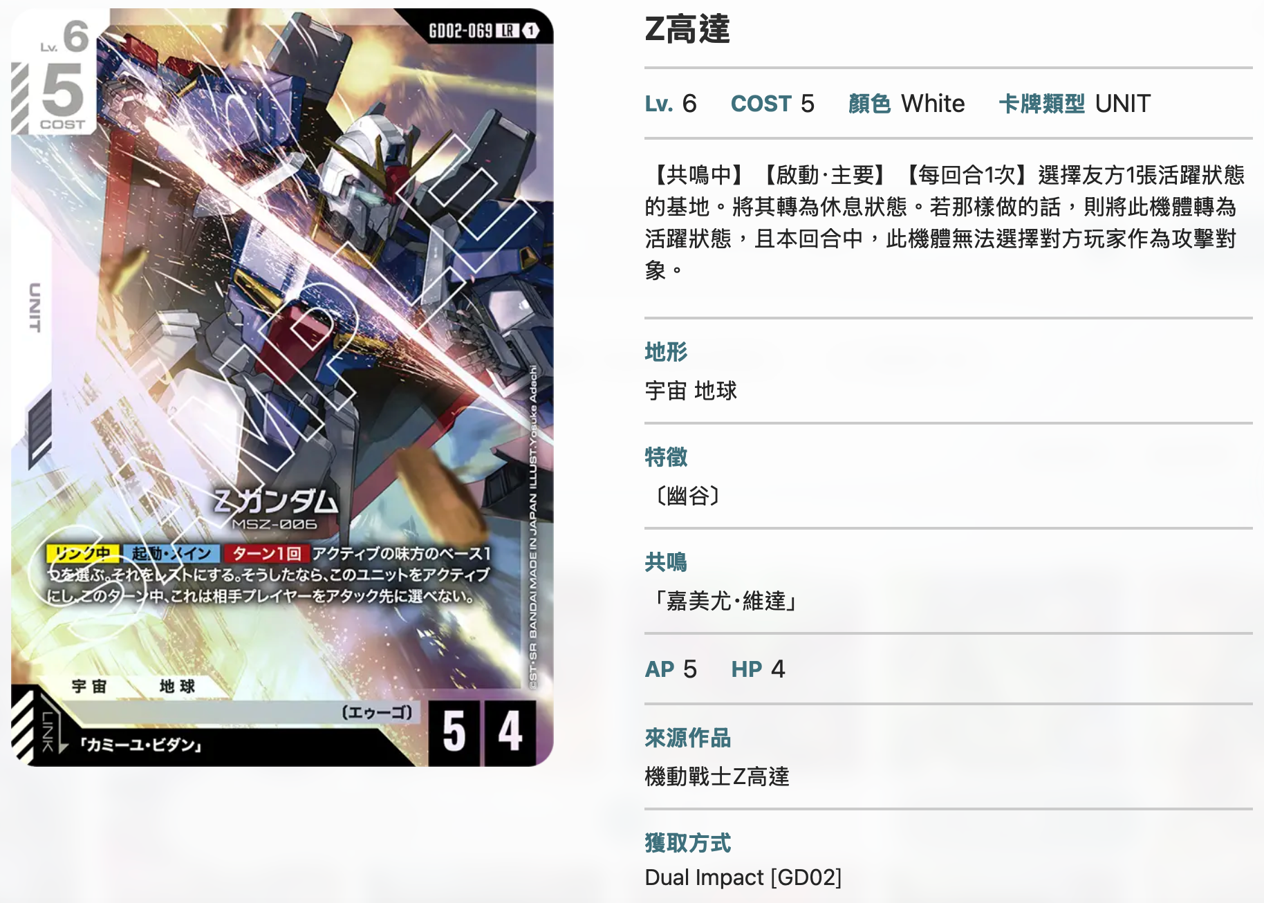 Bandai Carddass (單卡) GD02 LR卡 GCG TCG 高達卡牌遊戲 第二彈 Dual Impact [GD02]《機動戰士高達》